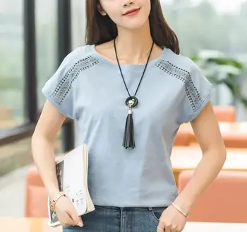

Plus Size 2018 Summer New Women Short Sleeve Solid Cotton Loose Blouse Shirts Casual Lace Hollow Out Tops Shirts Blusas Female