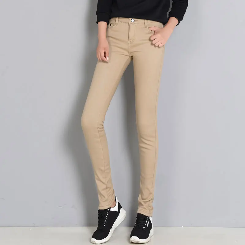 Зимние Стрейчевые толстые теплые штаны для женщин с высокой талией размера плюс черные брюки повседневные узкие брюки-карандаш женские брюки для бега s - Цвет: Khaki