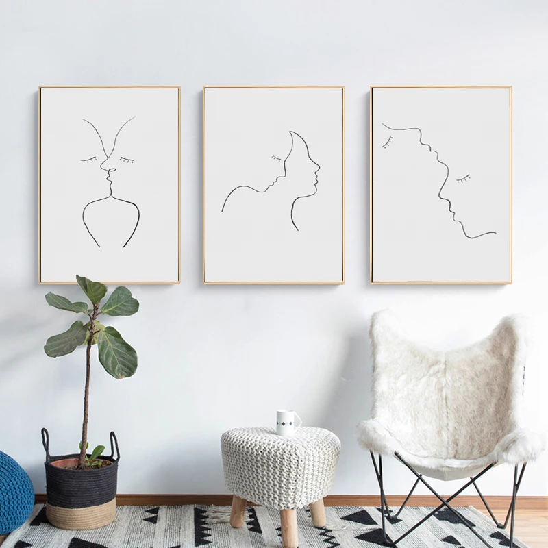 Simple Line Drawing Kissing Lovers Wall Art Canvas Painting Picture