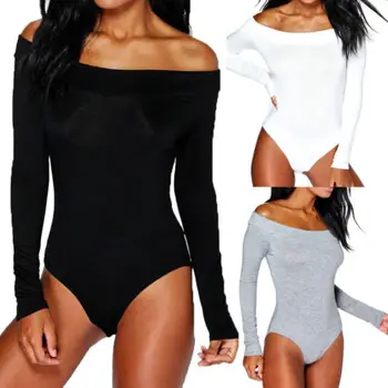 

Fashion Hot Black Jumpsuit Womens Off Shoulder Long Sleeve Bardot Bodysuit Leotard Top Plain Stretch Off Shoulder Rompers