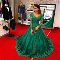 2019 New Green Elegant Lace Evening Dresses V Neck Long Sleeve Appliques Ball Gown Formal Occasion Dresses Custom Made