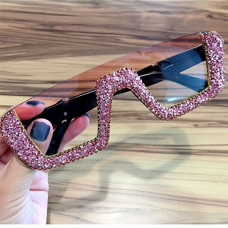 Jual Square Kacamata Hitam Mewah Wanita Merek Desain Wanita Terlalu Besar Rhinestone Kacamata Pria Setengah Bingkai Kacamata untuk Wanita UV400