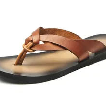 Для мужчин шлепанцы летние сандалии Мягкая кожа на плоской подошве шлепанцы для отдыха Hombre