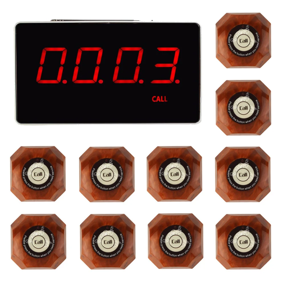 

433.92MHz Restaurant Pager Wireless Calling System 1pcs Voice Report Receiver Host + 10pcs Call Button Pager F3293