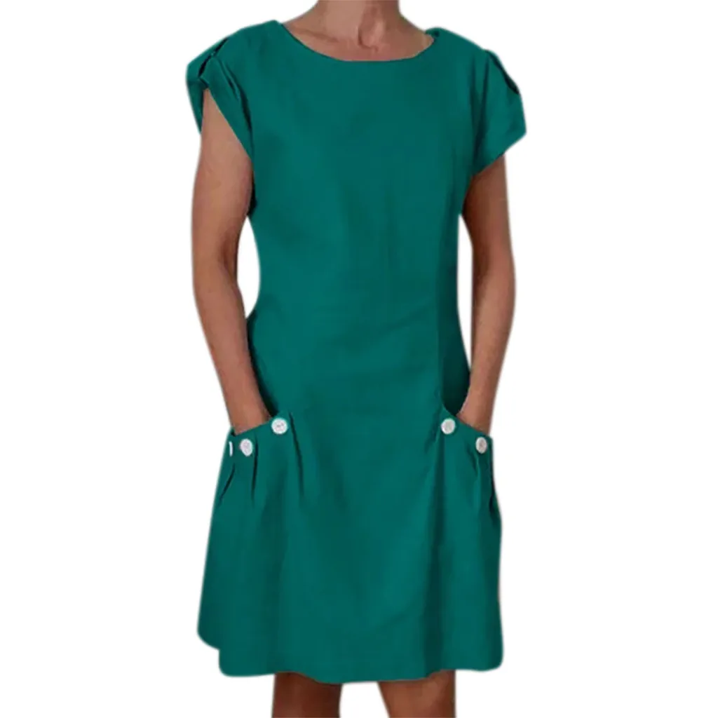 

JAYCOSIN 2019 New Summer Women Dress Shirt Casual Solid Ruffled Pockets O-Neck Shift Daily Buttoned-decor Mini Sundress 903151