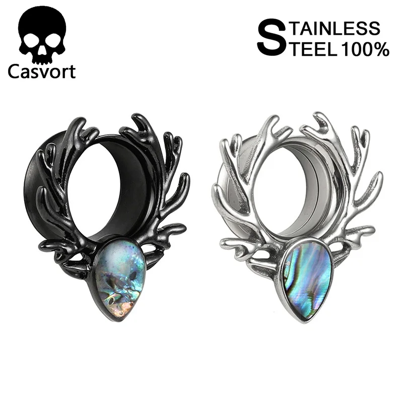 

Casvort 2PCS ear plugs deer logo ear tunnel colorful shell all stainless steel silver and black ear piercing pair selling
