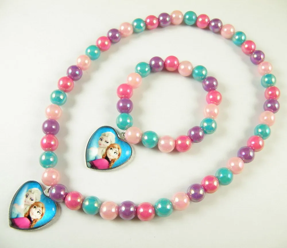 

2pcs/set Disney cartoon Frozen children shine necklace+ bracelet kid birthday party gift Anna girl doll cosmetic accessories toy