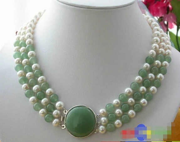 

HOT## Wholesale >>> 3ROW 11MM WHITE ROUND FRESHWATER PEARL GREEN JADE NECKLACE p1066