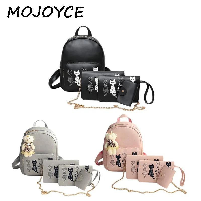 4PcsSet Small Backpacks female School Bags For Teenage Girls Black Pink PU Leather Women Backpack Shoulder Bag Purse Mochila