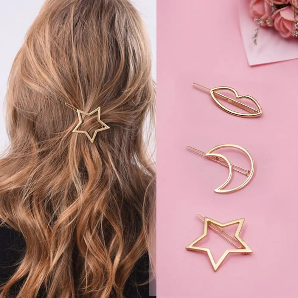 

2pcs/lot Women Fashion Hairpins Cute Circle Triangle/Moon/Lips/Star Shape Barrettes Hairgrip Girl Hair Clip Accessories Headwear