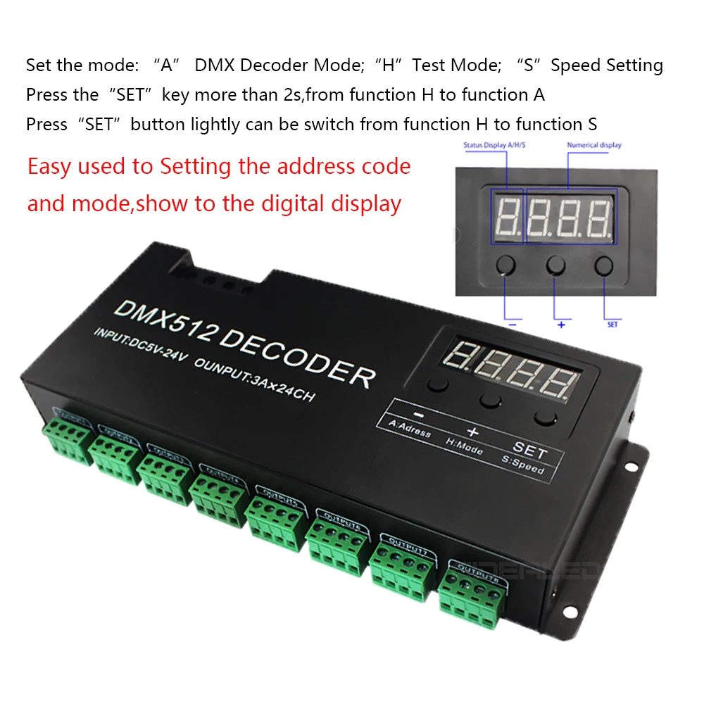 24 канальный RGB DMX 512 декодер с цифровым дисплеем 72A диммер драйвер pwm RGB контроллер DMX с RJ45 входным DC5V-24V
