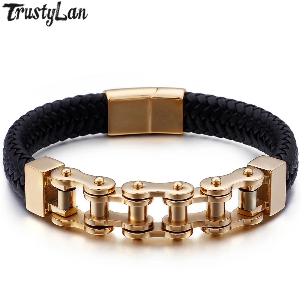Golden Stainless Steel Man Bracelet Male Motorcycle Chain Link Mens Bracelets Bangles Braided