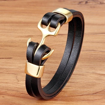 TYO Charm Bracelet Anchor Bracelet Pattern Gold & Steel Color Genuine Leather Bracelet For Birthday Party Gift Men Bangles 2019