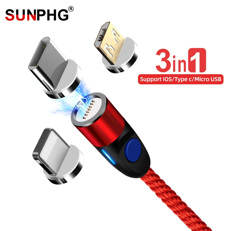 SUNPHG 3 в 1 Магнитный кабель type C для iPhone Lightning 3A кабель для быстрой зарядки Microusb шнур для huawei samsung 1 м провод для зарядки