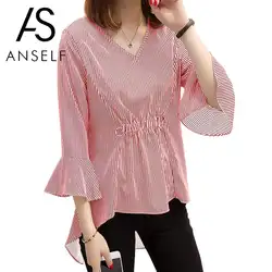 Anself Женская полосатая блузка с расклешенными рукавами с v-образным вырезом и высоким низом, осенняя туника Boho 5xl, элегантная длинная рубашка