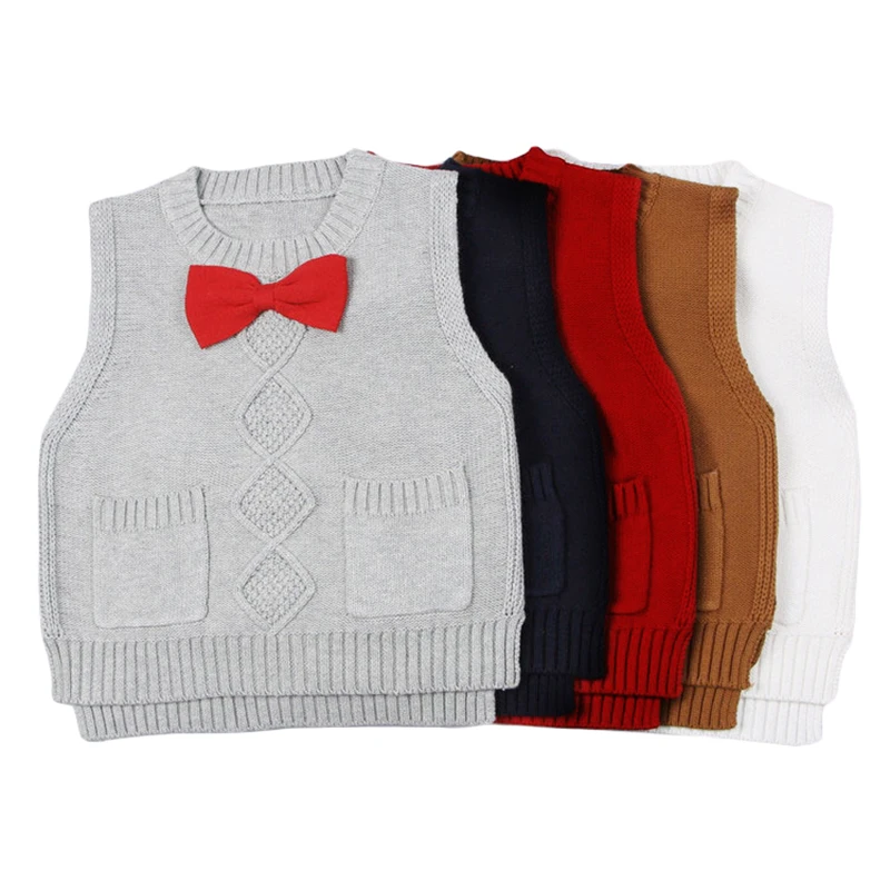 Для маленьких мальчиков девочек Свободные свитеры вязаный жилет пуловеры с бантом без рукавов с бантом белый красный темно-коричневый