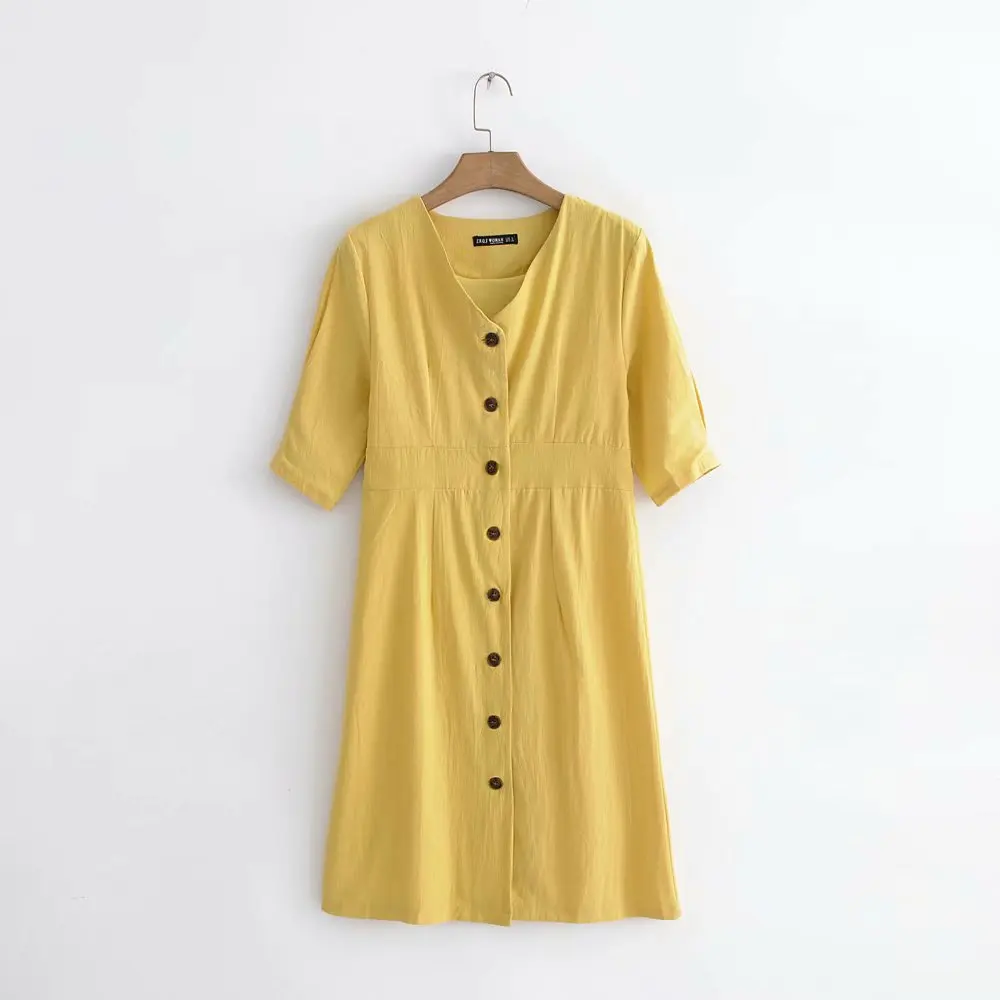 Summer Women Cotton And Linen V Neck Yellow Shirt Dress.Dresses