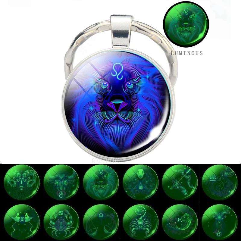 

Glow In The Dark Zodiac Keychain Luminous 12 Zodiac Signs Glass Cabochon Keychain Boyfriend Girlfriend Best Friend Birthday Gift