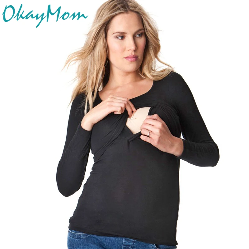 Long Sleeve Maternity Nursing Shirts Cotton Breastfeeding Tops Tees For Pregnant Women Pregnancy