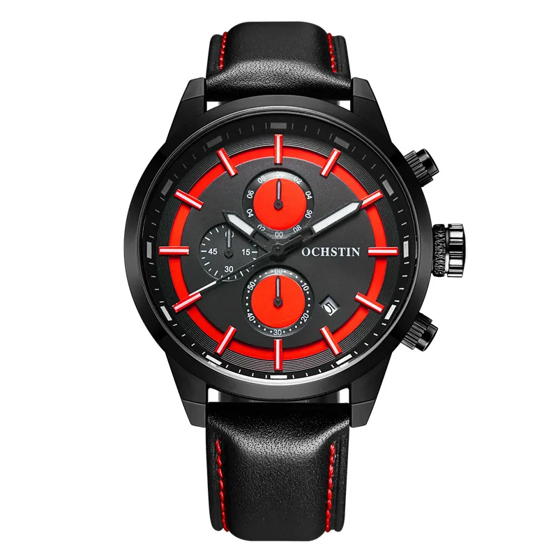 Мужские спортивные часы для модных повседневных часов с хронографом мужские кожаные спортивные мужские кварцевые часы мужские часы желтое лицо распродажа - Цвет: black red