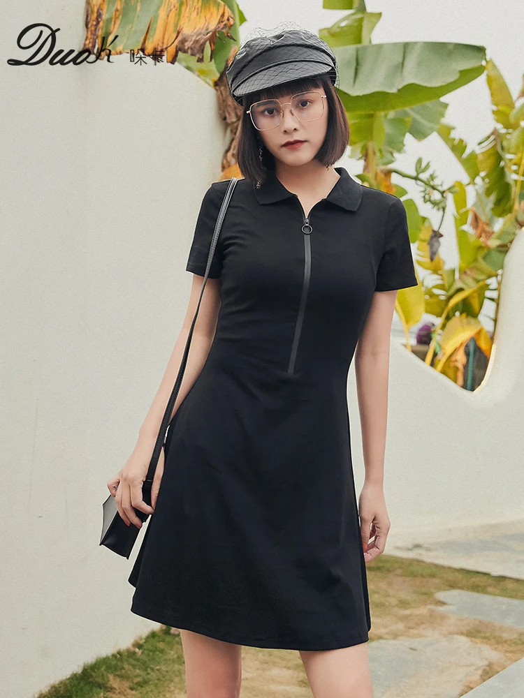 Pure Color Summer Dress For Woman Polo Collar With Zipper Preppy Style