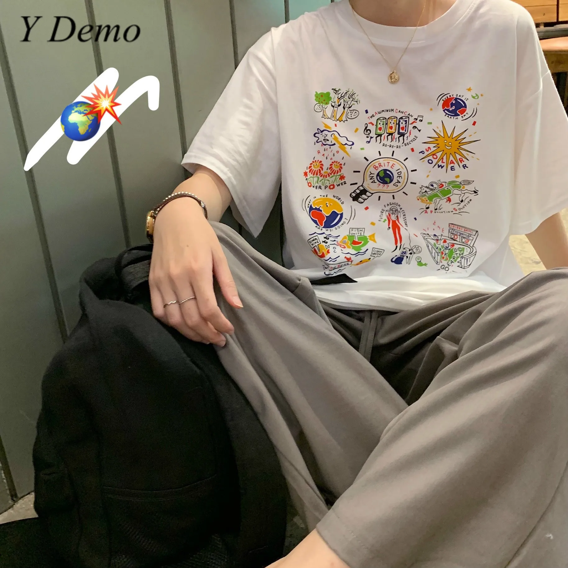 

Korea Cute Flower Printing O Neck Women Loose Summer T-shirt