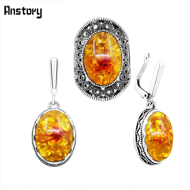 earring ring yellow Овальный кулон цветок смолы комплект ювелирных изделий колье Цепочки и ожерелья Серьги Кольца для Для женщин Античная Посеребренная Нержавеющая сталь цепи - Окраска металла: earring ring yellow