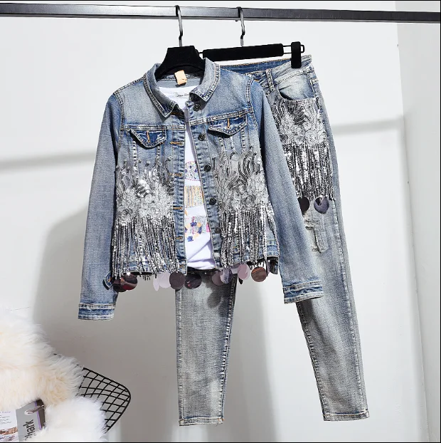Европейская Осенняя женская модная короткая джинсовая куртка с блестками+ джинсы с дырками, винтажный Джинсовый комплект из двух предметов, Студенческая уличная одежда