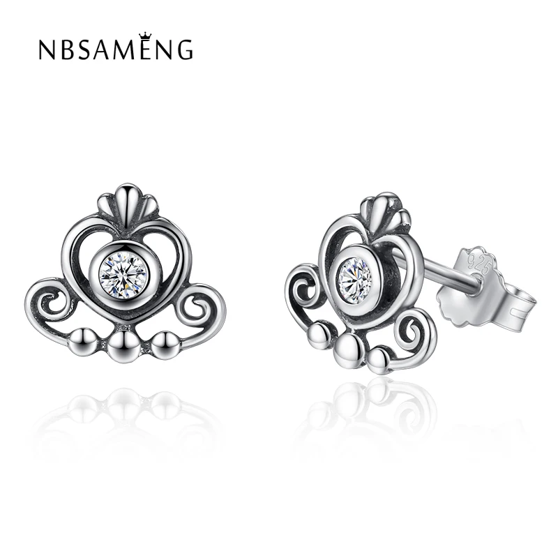 

Authentic 925 Sterling Silver My Princess Tiara With Clear Cubic Zirconia Original Pan Stud Earrings For Women Gift Fine Jewelry
