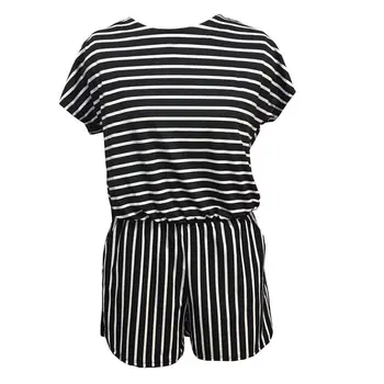 

Ladies V-Neck Plunge Jumpsuit Beach Women Summer Casual Striped Short Sleeve Holiday Mini Playsuit