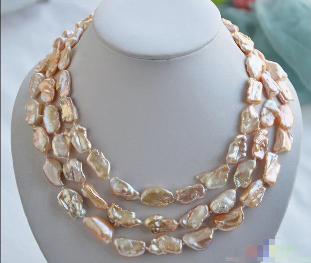 

HOT## Wholesale > P4239 3row 20mm PINK BAROQUE KESHI REBORN biwa PEARL NECKLACE