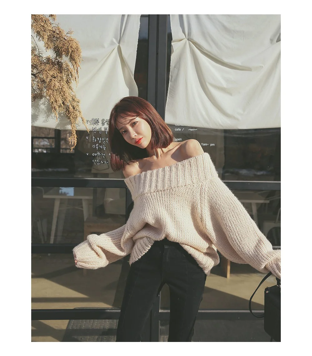 Женские свитера, зима, корейская мода, шикарный свитер с открытыми плечами, пуловер для женщин, рукав-фонарик, вязаный свитер большого размера