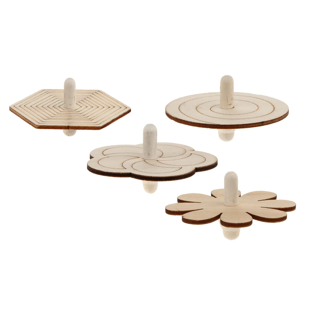4 Pieces Funny Educational Natural Wood Gyro Spinning Top Toys For Kids Children