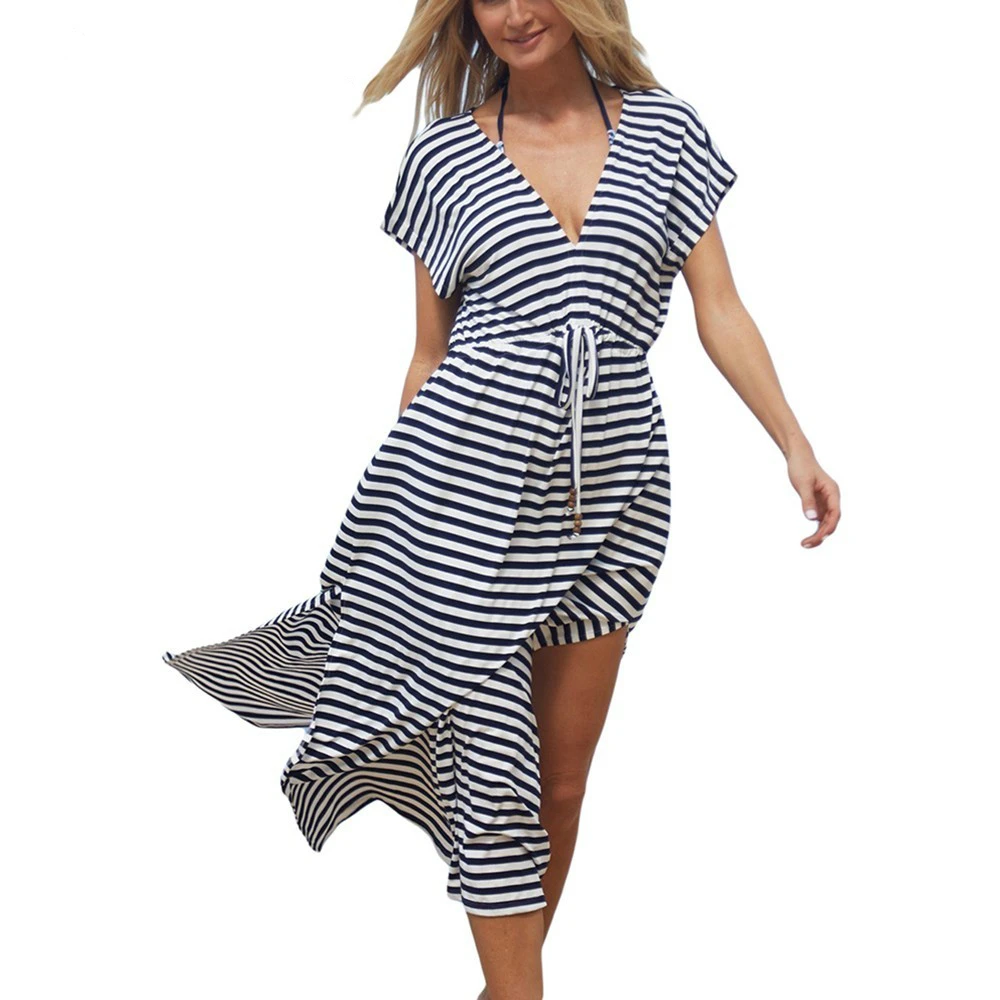 

Bsubseach Striped Cover Up V Neck Beach Long Dresses Short Sleeve Robe De Plage Pareo Bathing Suit Cover Ups Vestido Playa Mujer