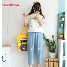 Светло-голубые, темно-синие, Kawaii, джинсы с вышивкой кролика, женские летние повседневные Прямые брюки с карманами, модные брюки