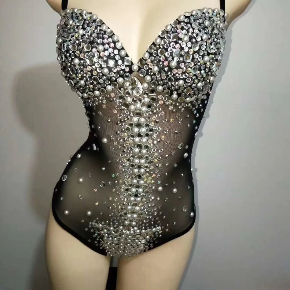 

High Quality Black Hollow Out Beading High Elasticity Bodysuits Nightclub DJ Party Bodysuits
