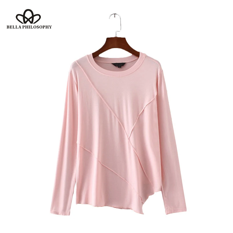 Wonder 2019 new Spring Casual Women T-shirts novelty asymmetry O-neck Long Sleeve Tees Ladies Cozy Solid Color Clothes