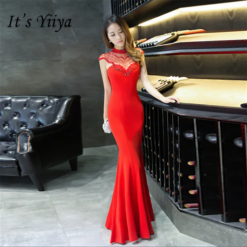 

It's Yiiya Mermaid evening dress Sexy Floor-length formal Halter Party Gowns Red white sleeveless Zipper back Prom dresses C072