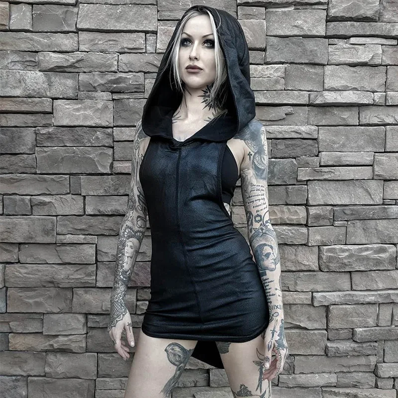 

Rock Punk Winter Sexy Black Sleeveless Irregular Stitching Zipper Hooded Dress Women Darkness Party Mini Dresses Gothic Clothes