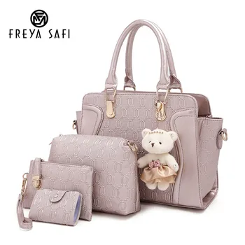 

Freya Safi 4 PCS/Set Brand Composite Bags Women Vintage Shoulder Patchwork Crossbody Messenger Bag With Bear Doll PU Leather Bag