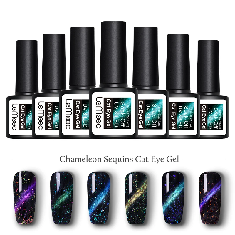 

LEMOOC 8ml Chameleon Magnetic 3D Cat Eyes Nail Gel Polish Shinny Glitter Sequins Soak Off UV Nail Art Gel Varnish