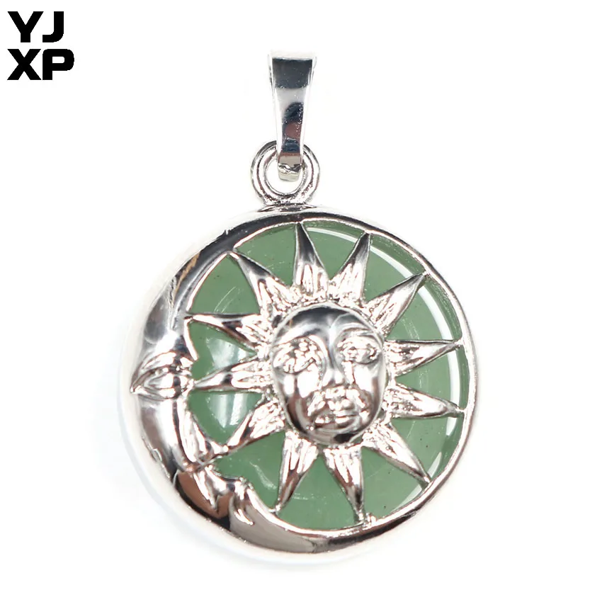 

YJXP Classic Style Silver Plated Round Sun Locket Natural Green Aventurine Pendant Fashion Jewelry