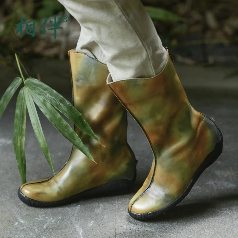 Lady mid-calf half boots fashion vintage boots genuine leather round toe wedges boots leather female autumn shoes