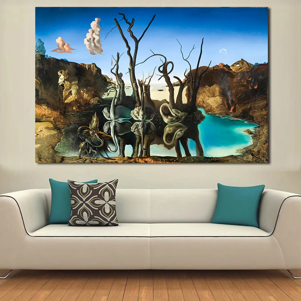JQHYART Холст Искусство Salvador Dali живопись Лебеди отражающие Слоны настенные картины для гостиной домашний декор с принтом