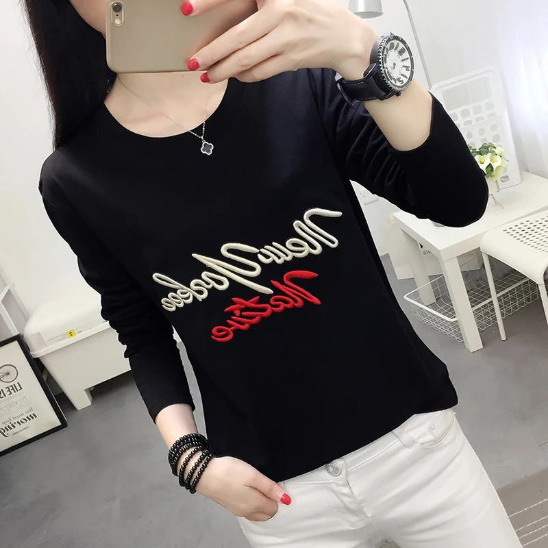 Cartoon Embroidery Autumn T-shirt Women New Fashion Simple Long Sleeve Tops Lovely Black White Loose Female T-shirt Plus Size Cartoon Embroidery Autumn T-shirt Women New Fashion Simple Long Sleeve Tops Lovely Black White Loose Female T-shirt Plus Size