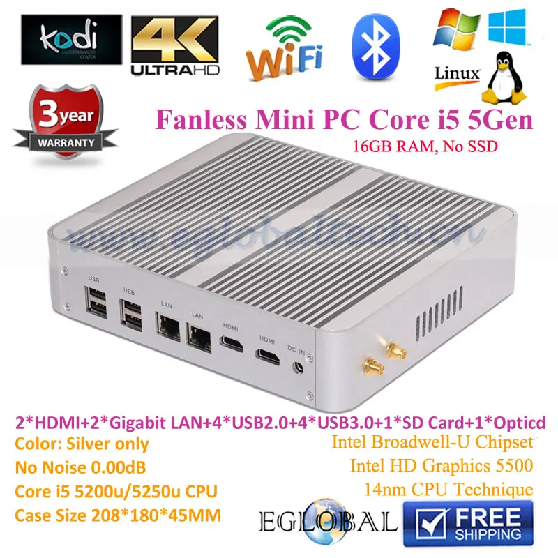 Fanless Mini Desktop Computer Intel Core i5 5200u 2.2GHz Max 2.7GHz gaming desktop PC Windows 10 Mini PC 16GB RAM NO SSD WIFI