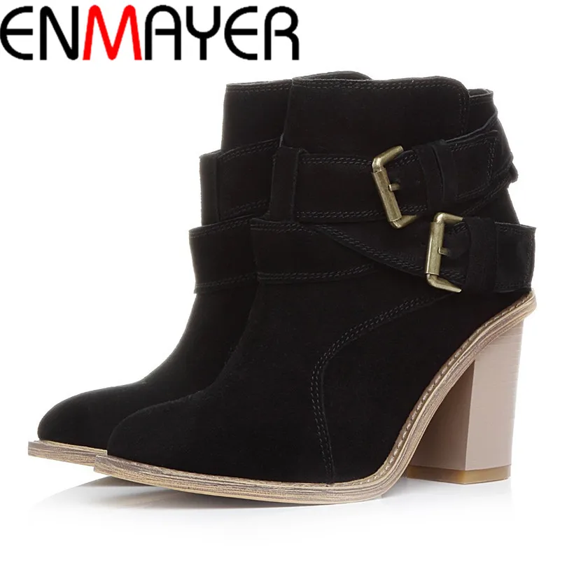 

ENMAYER Nice Solid  Riding Boots Cattle Turn Skin Slip-on+buckle Short Shoes for Women Comfortable Nubuck Leather Autumn Boots