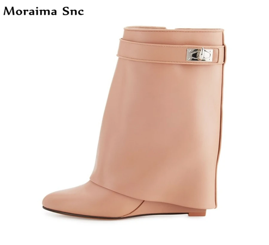 

Moraima Snc chic women boots Round toe solid Ankle strap Buckle turned-over high quality Height increasing casual shoes