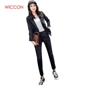

High Waist Pant Office Lady Notched Jacket 2020 Women Two Piece Sets Short Gray Solid Blazer Pant Suits Korean Outfits Femme