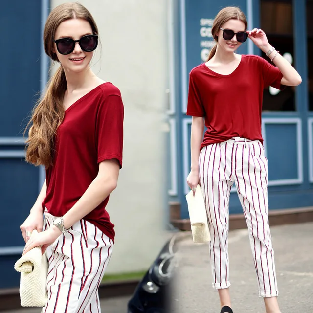 Summer 2 piece women pants Set Cotton Blouse Top Suit Wine Red Tshirt ...